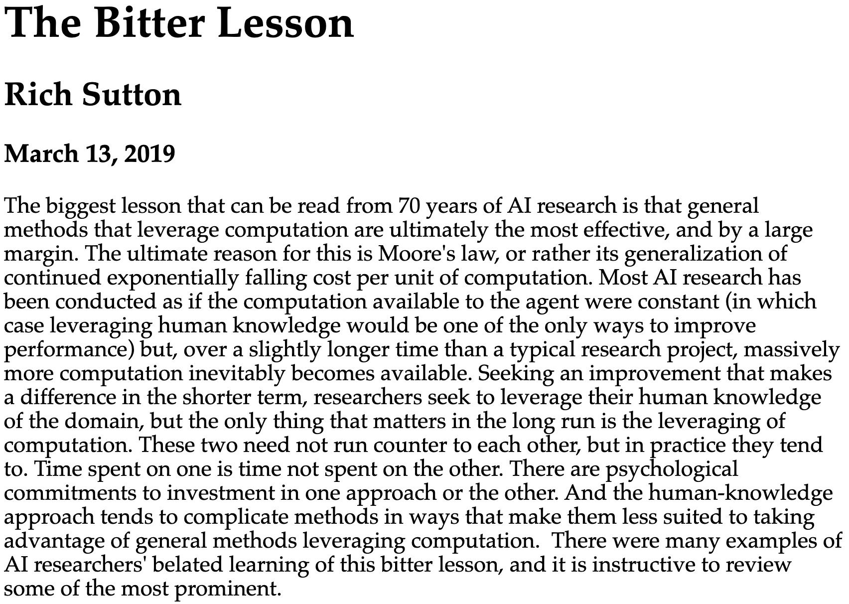 Snapshot of The Bitter Lesson, written by Rich Sutton.